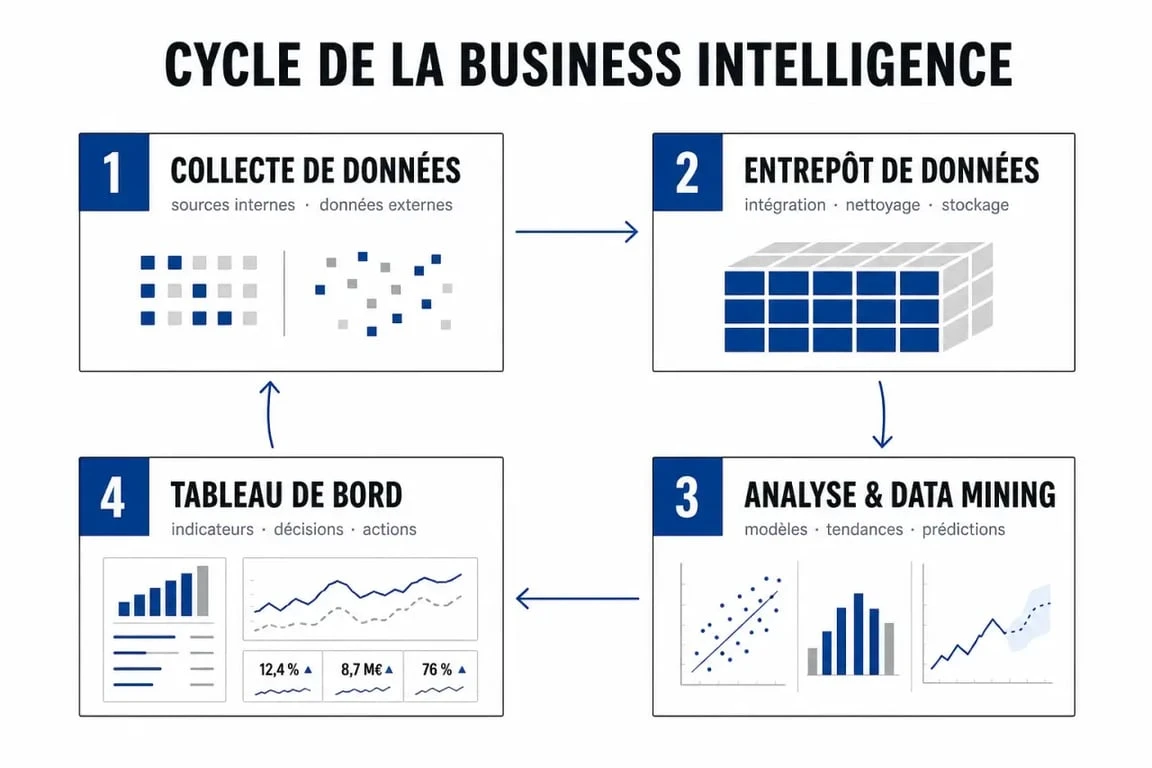 Schéma du processus de Business Intelligence pour la prise de décision en entreprise
