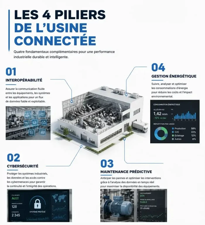 Infographie des piliers de l'usine connectée : interopérabilité, cybersécurité, maintenance prédictive et gestion énergétique