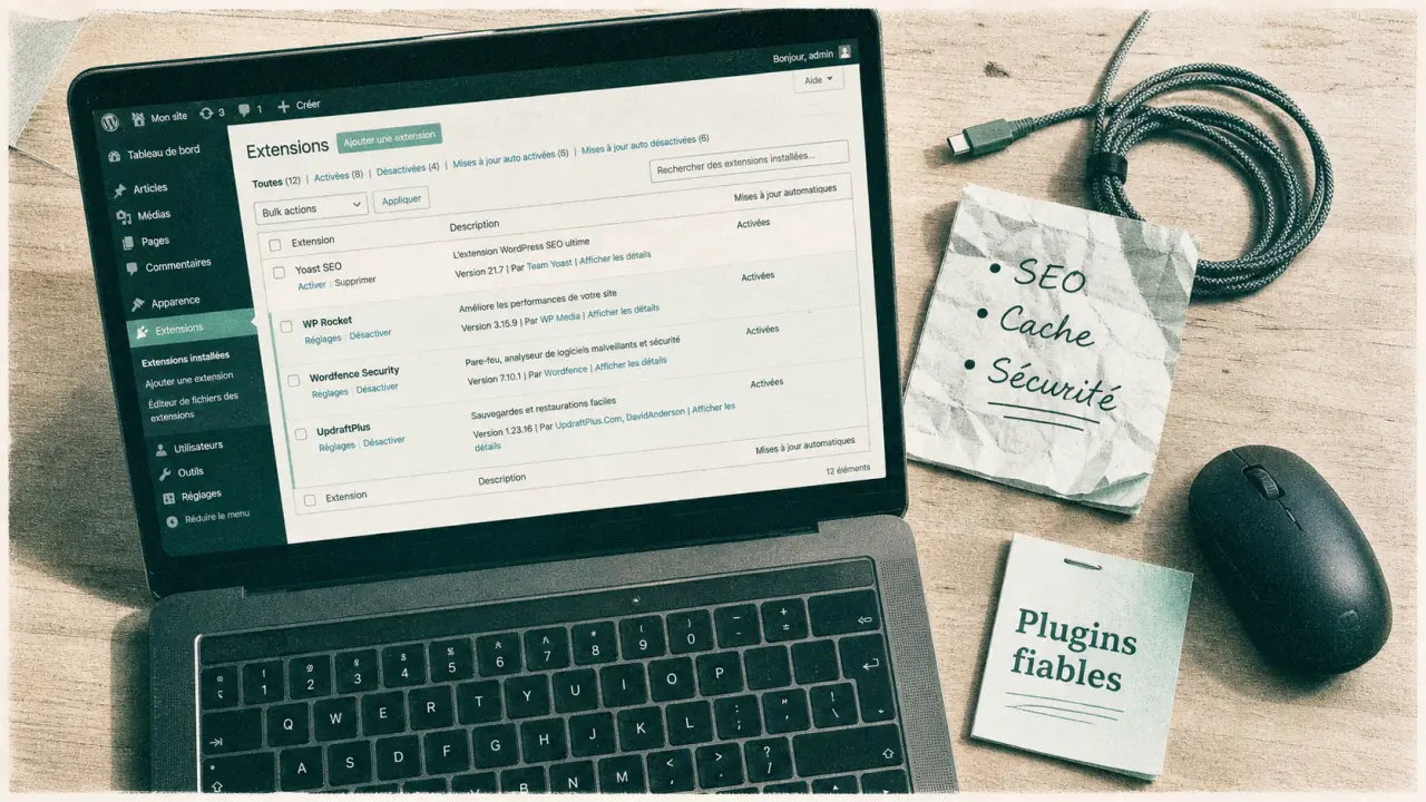 Extensions WordPress fiables : liste SEO, cache et sécurité sur ordinateur