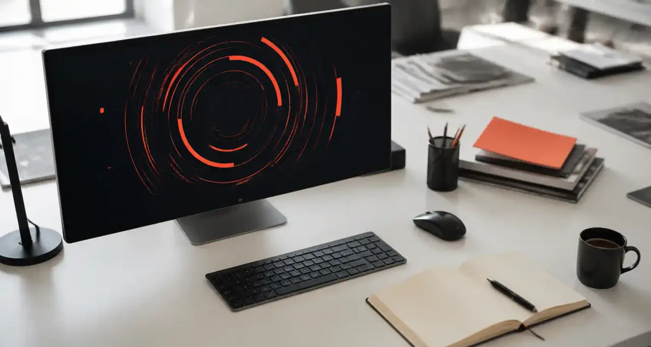 Bureau de rédaction tech avec écran affichant une visualisation de données circulaire orange sur fond sombre