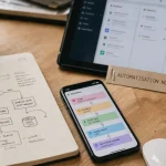 Automatisation no code sur bureau : workflow no code, carnet et smartphone