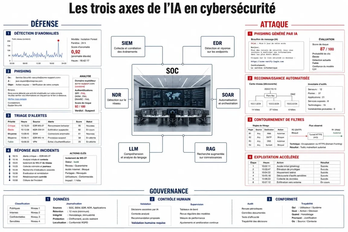 Schéma IA cybersécurité montrant défense, attaque et gouvernance