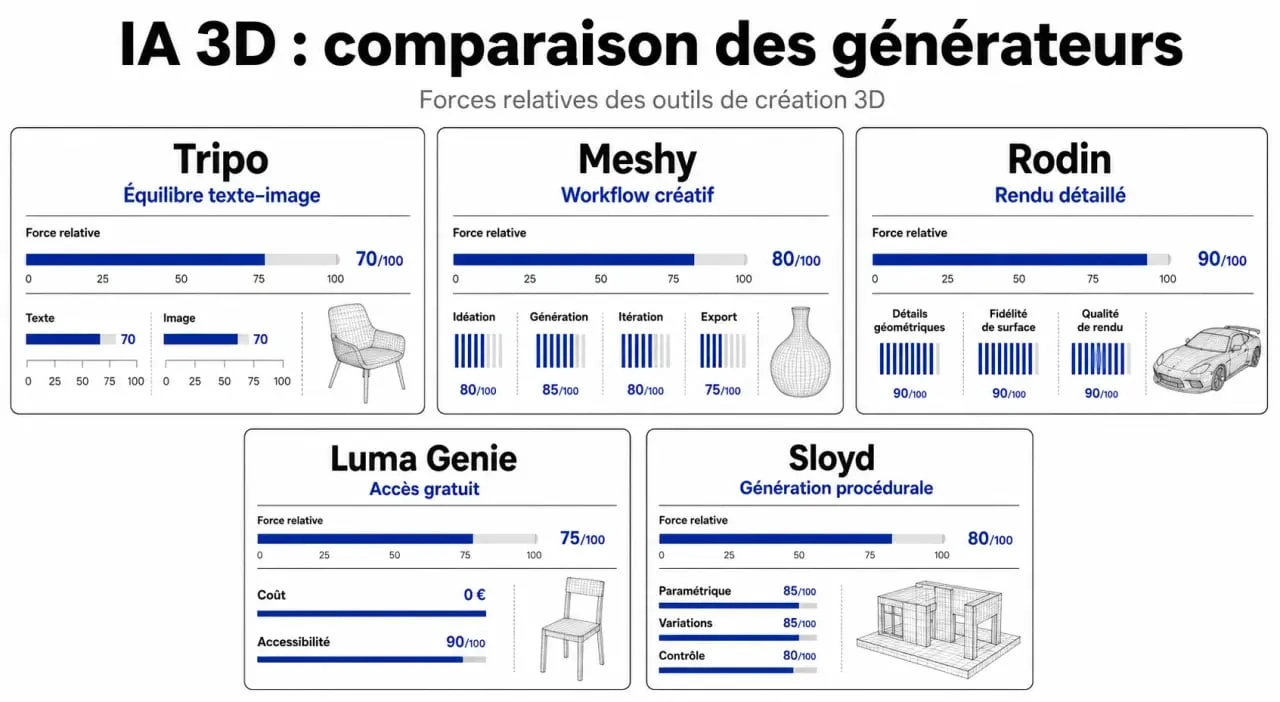 Intelligence artificielle 3D : comparaison visuelle des principaux outils de génération 3D et de leurs forces