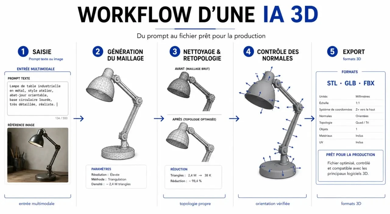 Intelligence artificielle 3D : workflow de génération d’un modèle 3D depuis un prompt jusqu’à l’export final
