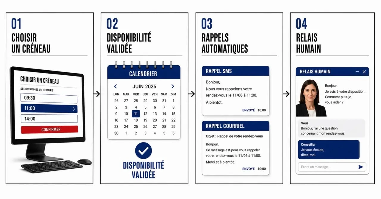 Prise de rendez-vous automatisée : parcours client avec calendrier synchronisé, confirmation et rappels automatiques