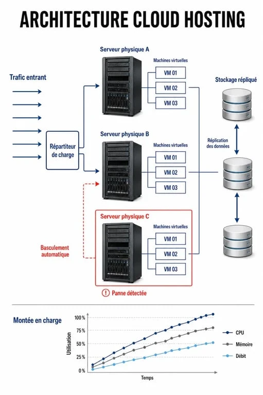 Hébergement cloud computing : schéma des serveurs distribués et de la virtualisation
