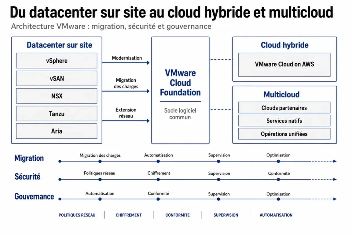 Schéma du vmware cloud computing avec vSphere, vSAN, NSX, Tanzu et Aria dans une architecture hybride