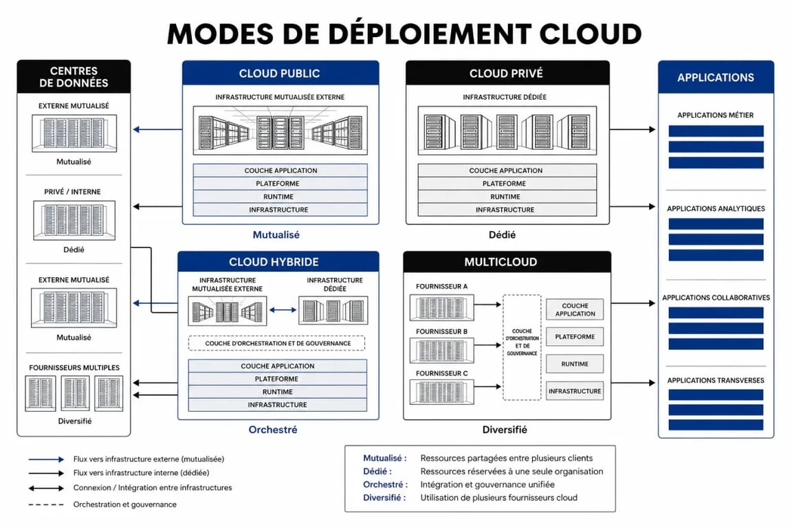 Provider cloud computing : schéma du cloud public, privé, hybride et multicloud