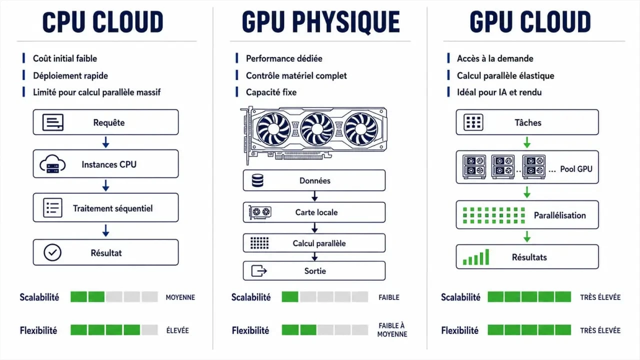 Comparatif gpu cloud computing entre CPU cloud, GPU physique et GPU cloud