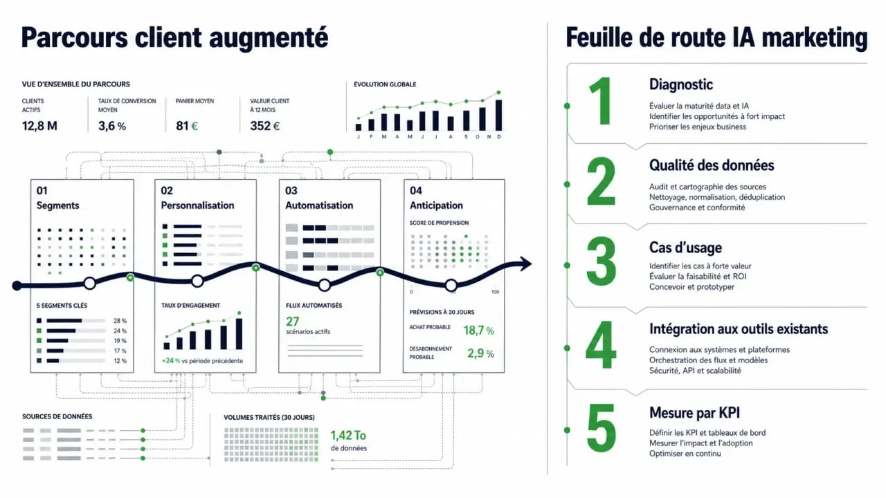 Stratégie marketing intelligence artificielle illustrée par un parcours client et une feuille de route en 5 étapes