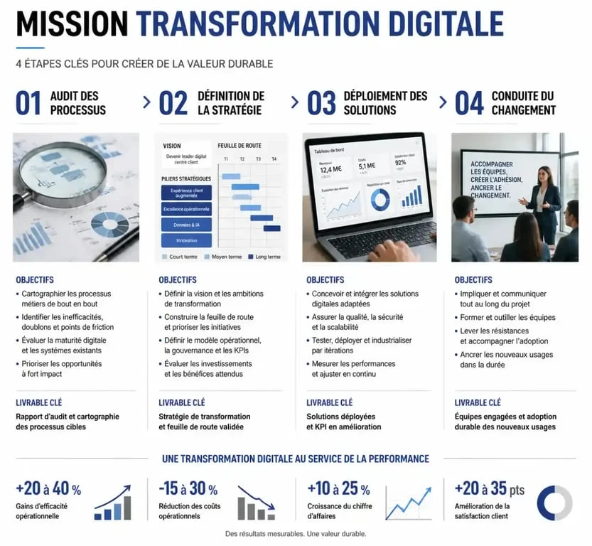Infographie des 4 étapes d'une mission de consultant en transformation numérique