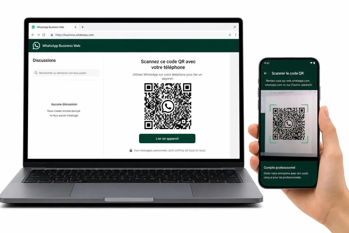 WhatsApp Business Web sur ordinateur avec smartphone et code QR de liaison