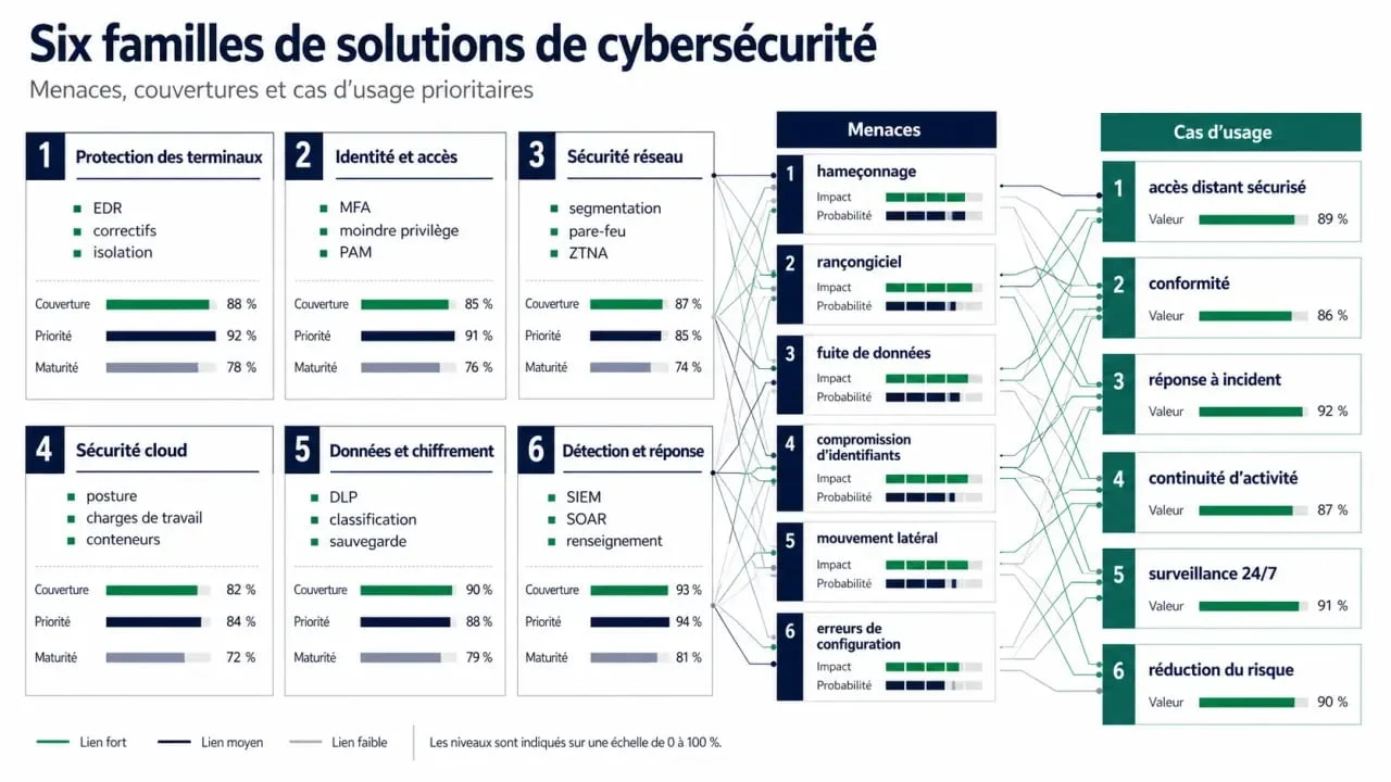Solutions de cybersécurité : panorama visuel des grandes familles et de leurs usages