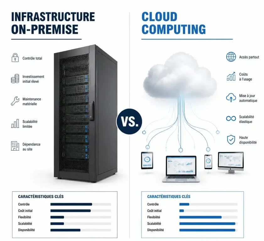 Comparaison visuelle entre infrastructure on-premise et cloud computing pour le choix stratégique en entreprise