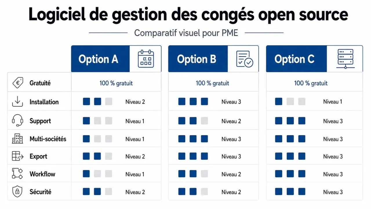 Infographie sur le logiciel gestion de congés open source avec comparaison des critères essentiels