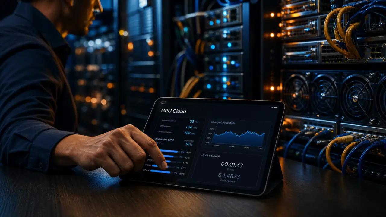 GPU cloud computing : ingénieur devant des serveurs, coût à la demande