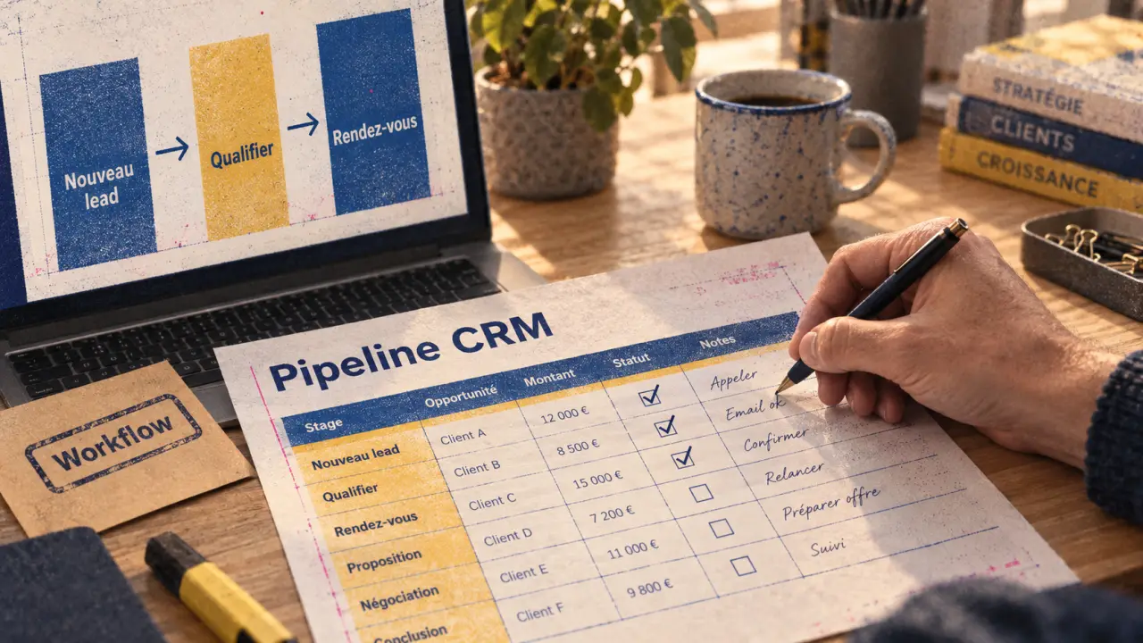 CRM gestion leads pipeline automatisation : tableau pipeline CRM imprimé et suivi rendez-vous