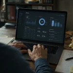 CRM manager sur ordinateur, interface CRM et KPI pour relation client