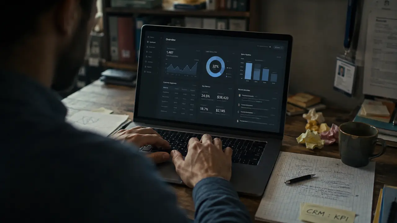 CRM manager sur ordinateur, interface CRM et KPI pour relation client