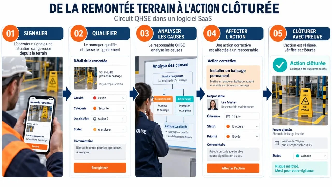 Circuit d'une remontée terrain dans un logiciel QHSE SaaS