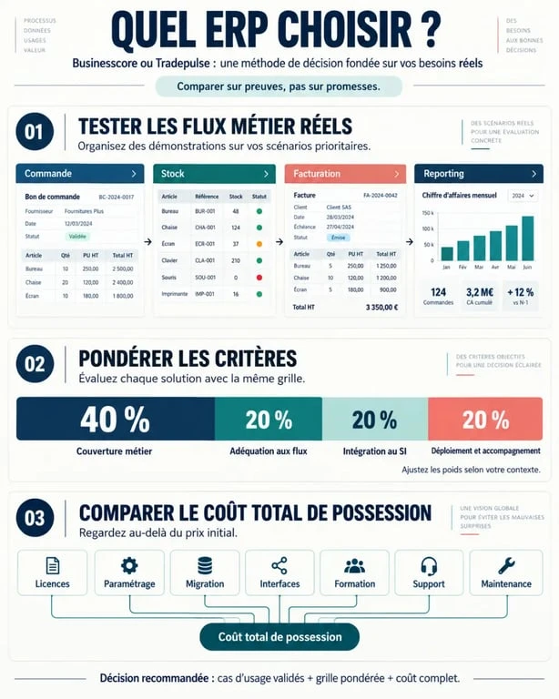 Quel ERP choisir Businesscore ou Tradepulse : critères de comparaison et méthode de décision