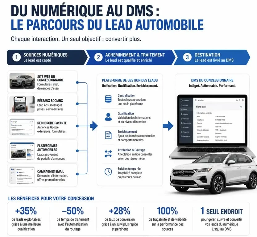 Schéma du flux de données entre agence CRM auto, site web et DMS