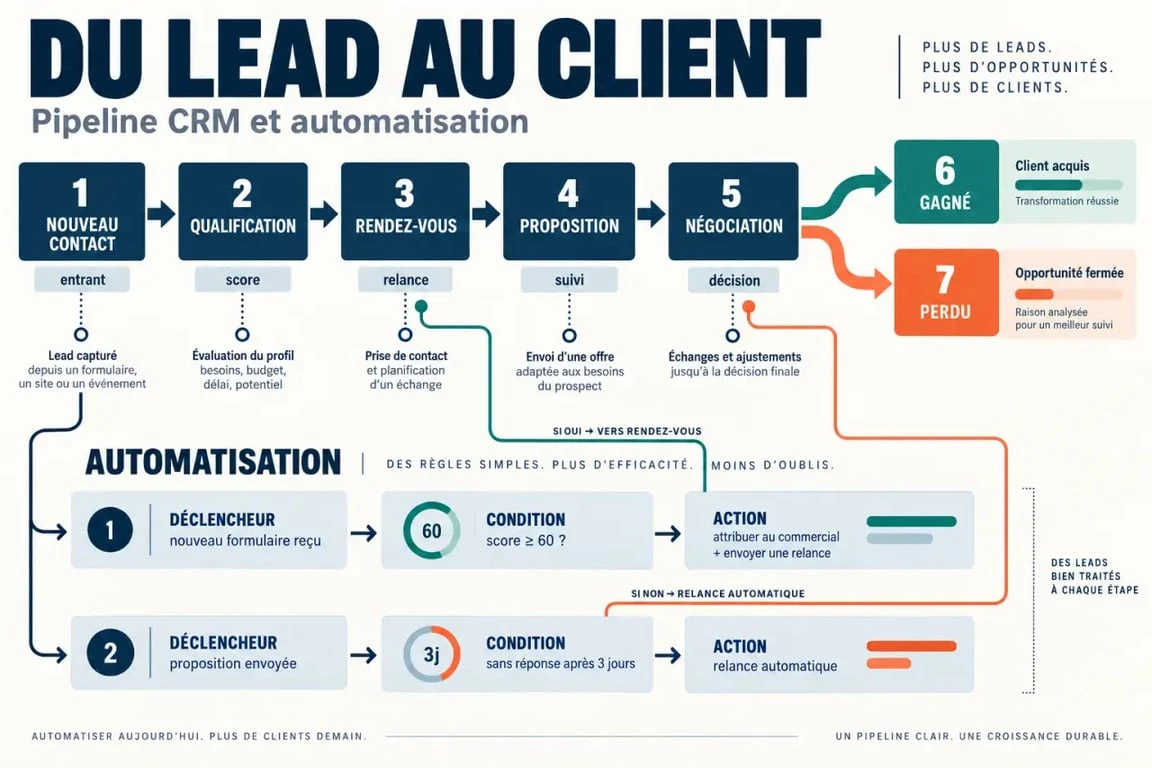 Gestion des leads, pipeline CRM et automatisation des étapes commerciales