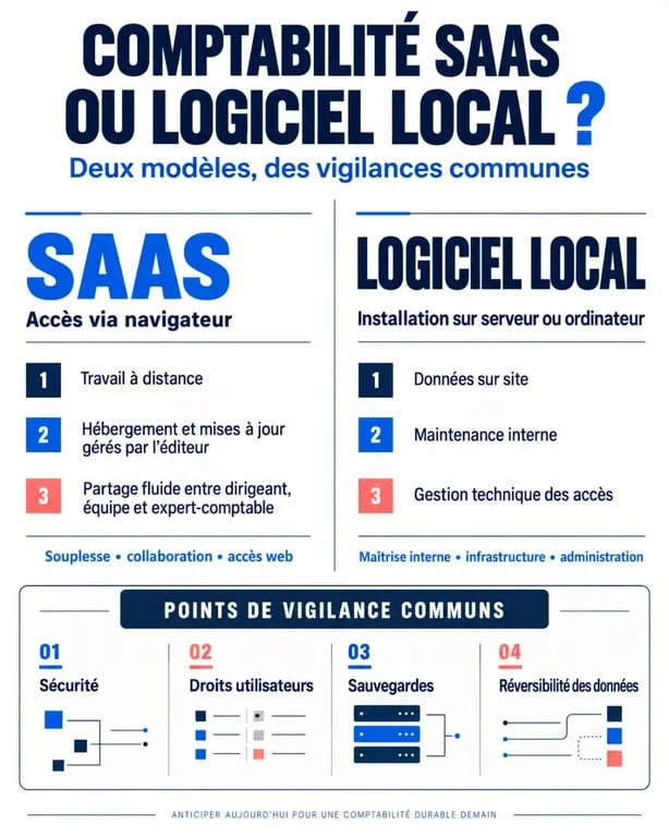 Infographie comparative de la comptabilité SaaS et du logiciel comptable installé localement