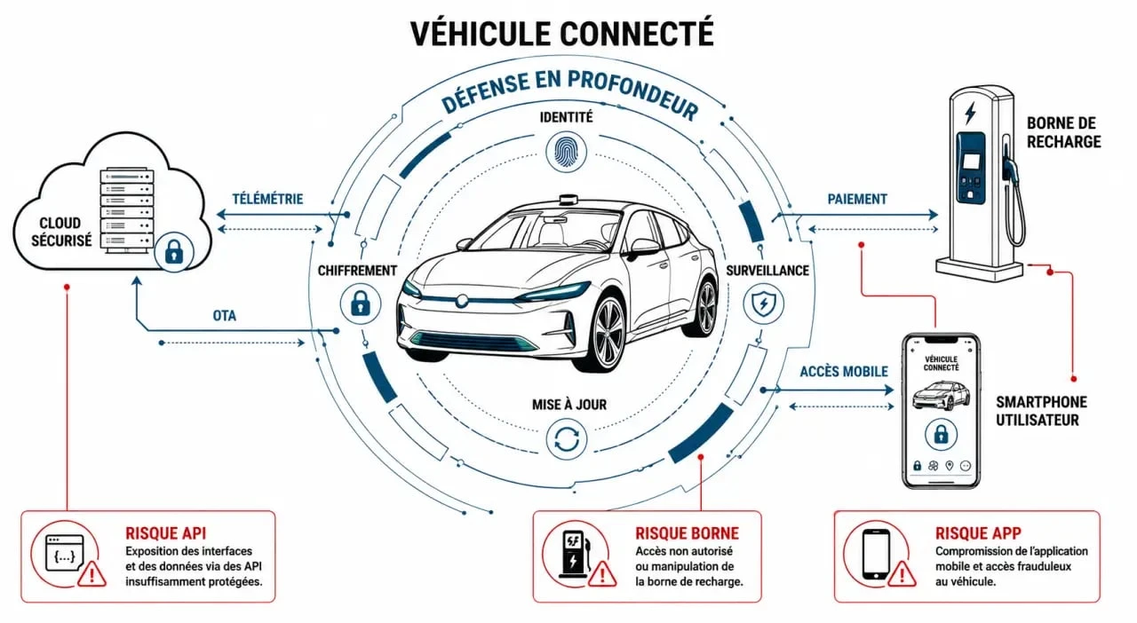 Cybersécurité automobile : schéma éditorial d’un véhicule connecté protégé par plusieurs couches de sécurité