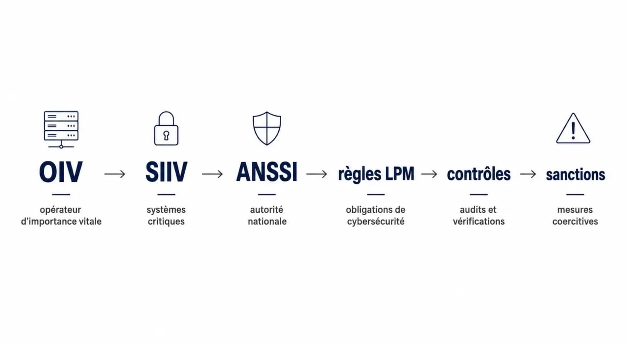 OIV cybersécurité : schéma de la chaîne OIV, SIIV, ANSSI, règles LPM, contrôles et sanctions