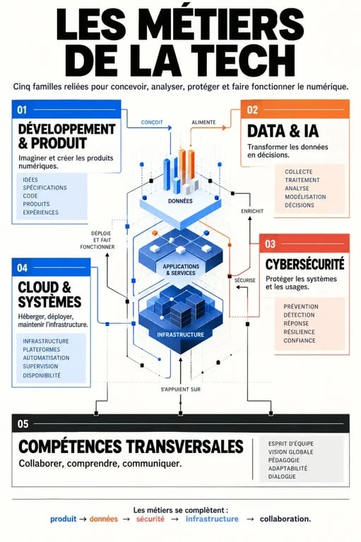 Infographie pédagogique sur les métiers de la tech et leurs grandes familles