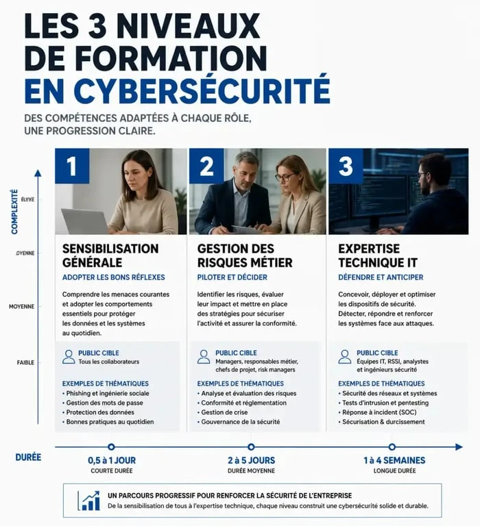 Infographie des niveaux de formation en cybersécurité : sensibilisation, gestion des risques et expertise technique pour une elearning formation cybersécurité efficace.