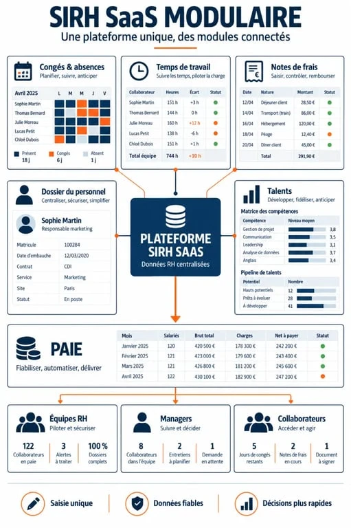Lucca éditeur de logiciels RH et administratifs en mode SaaS : schéma des modules RH interconnectés et du flux vers la paie
