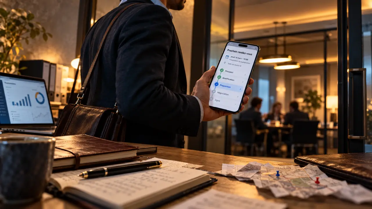 CRM force de vente : commercial et fiche client sur smartphone