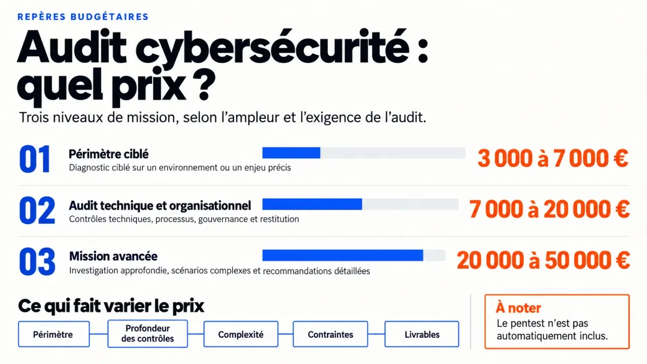 Infographie audit cybersécurité prix : fourchettes tarifaires selon le périmètre et le niveau de mission