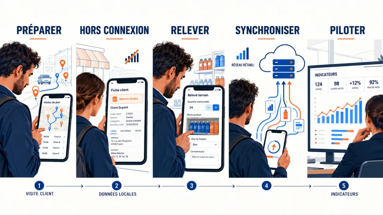 Infographie du parcours terrain avec un CRM force de vente, de la préparation des visites à la synchronisation des données