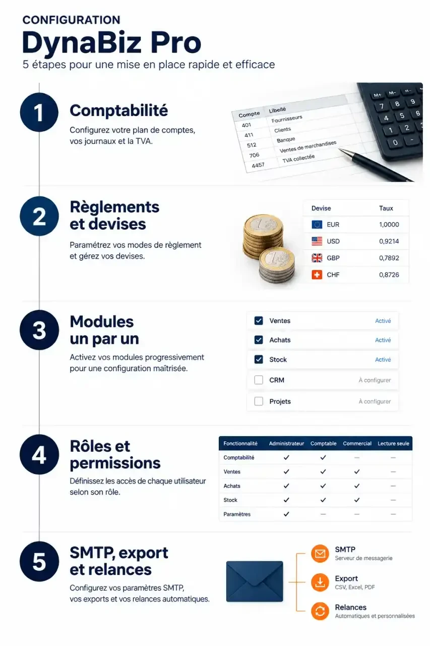 Ordre des étapes pour configurer ERP Solutions DynaBiz Pro : comptabilité, modules, droits utilisateurs puis réglages techniques