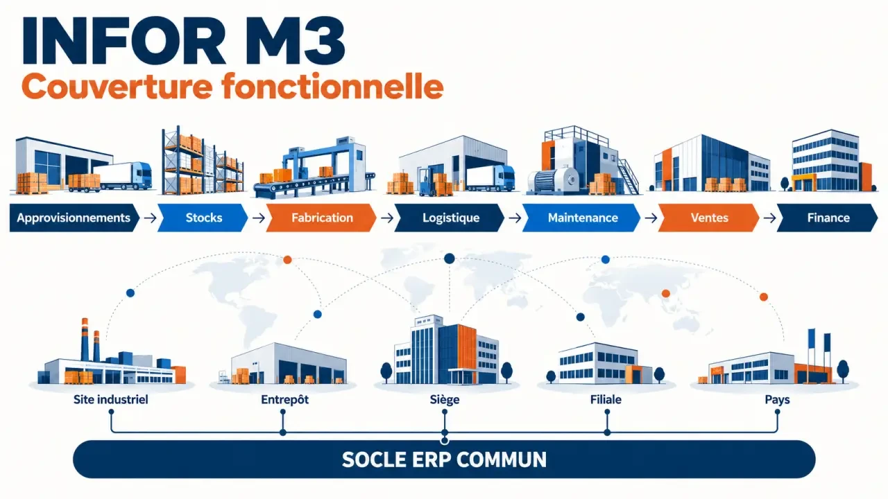 Infographie de la couverture fonctionnelle de l'ERP M3 pour la fabrication, la logistique et la finance