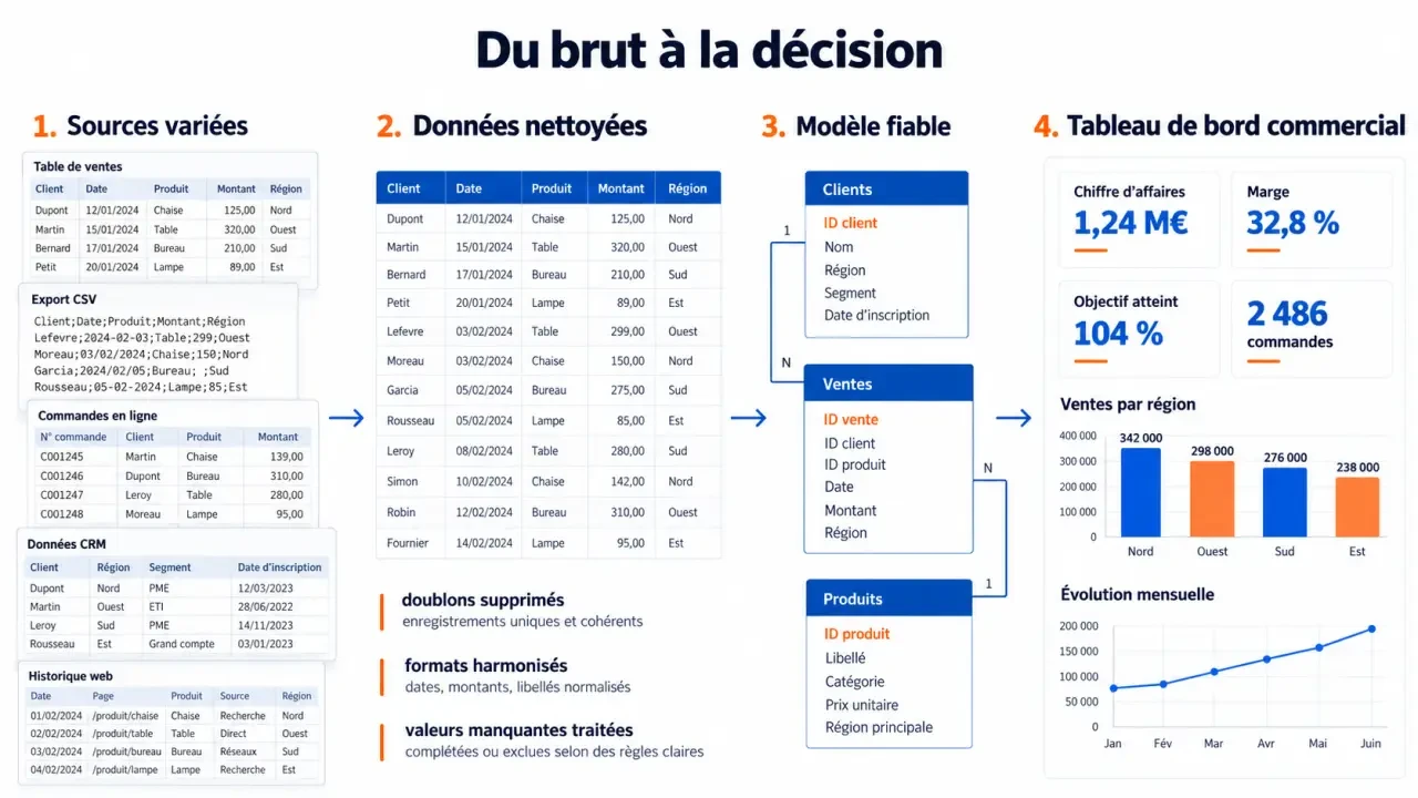 Schéma du flux pour comprendre comment utiliser business intelligence DataView Pro, des sources de données au tableau de bord
