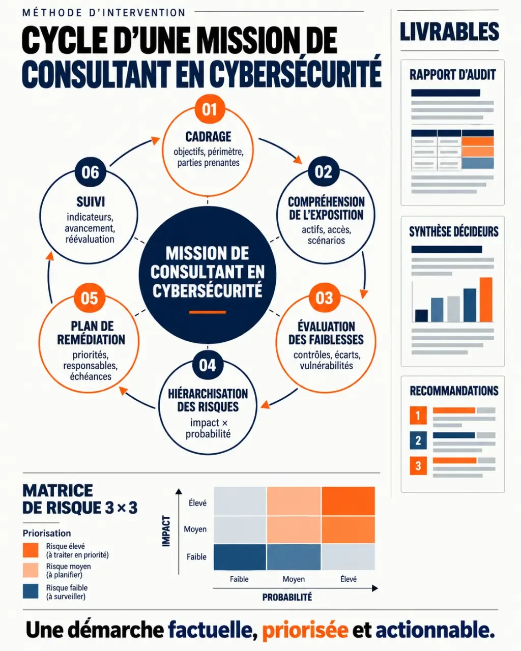Infographie du cycle d'une mission de consultant en cybersécurité, de l'audit au suivi des corrections