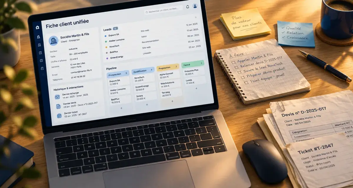 Fonctionnalités CRM : fiche client unifiée et pipeline pour ne pas perdre un prospect